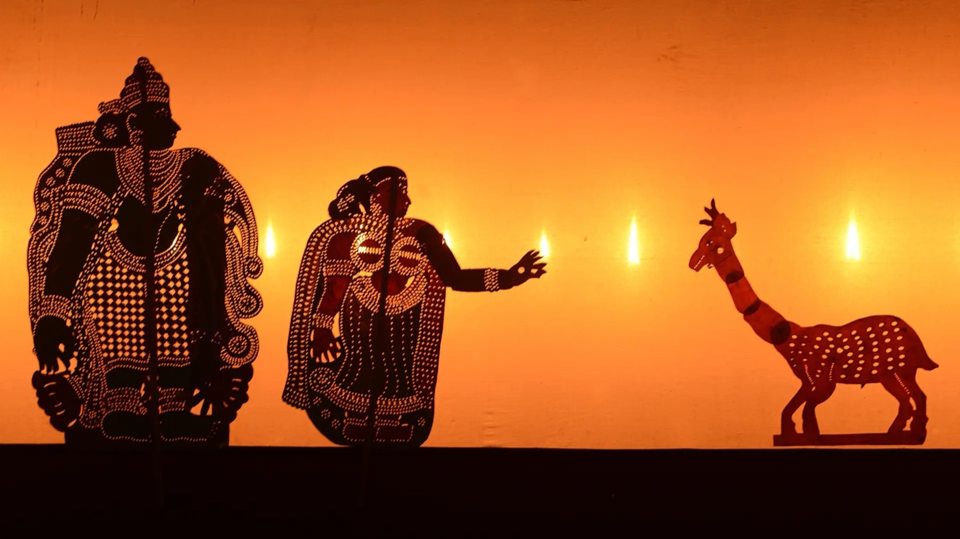 Indian shadow puppets depicting a Ramayana scene